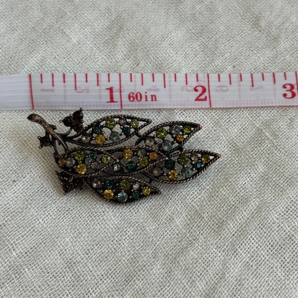 Leaf Branch Brooch Pin‎ Rhinestones Copper Tone Vintage Jewelry Accessory